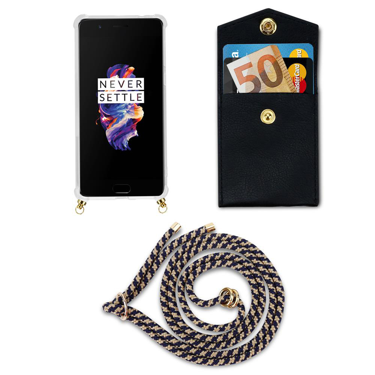 Telefon mit Hülle und Lanyard. Die Hülle hat eine schwarze Geldbörse und das Telefon hat einen Bildschirm.