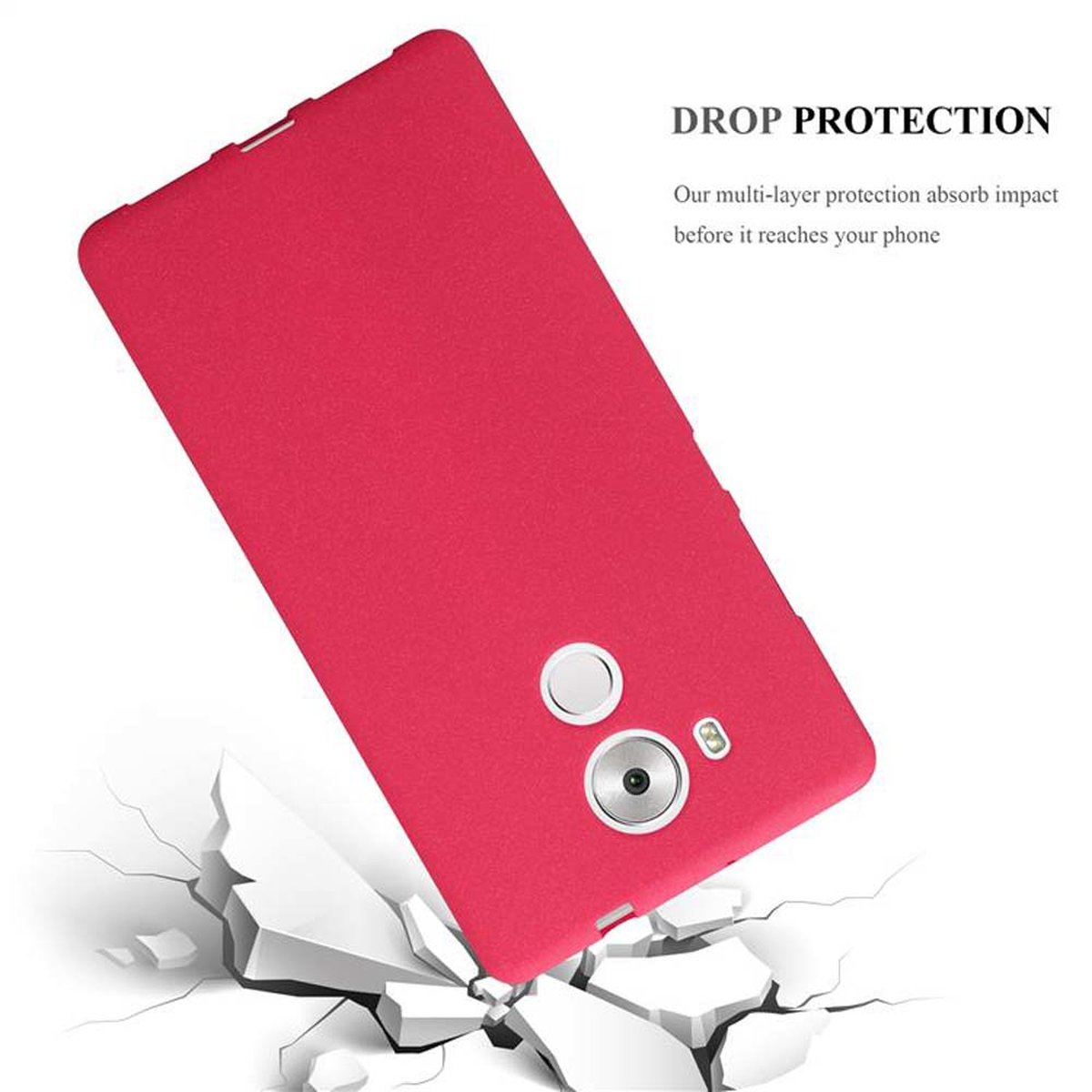 Custodia rossa con crepe da impatto davanti a pezzi bianchi rotti. Testo: 'Drop Protection'.