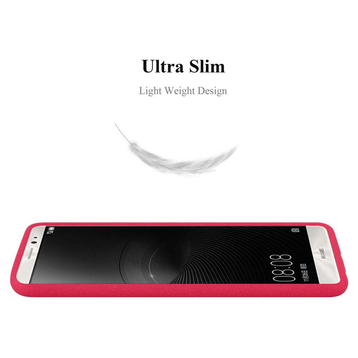 Telefono con custodia rossa su sfondo bianco. Una piuma fluttua sopra. L'ora è 08:08.
