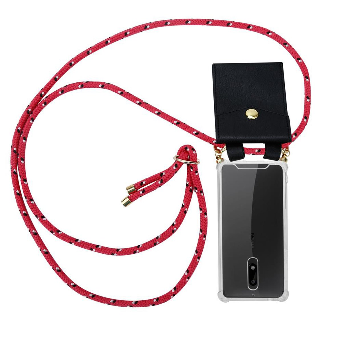 Rotes Telefon-Lanyard mit schwarzer Telefonhülle.