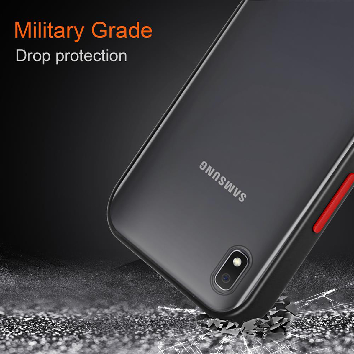 Schwarze Handyhülle auf einer Oberfläche. Text: „Military Grade Drop protection“. Dunkler Hintergrund.