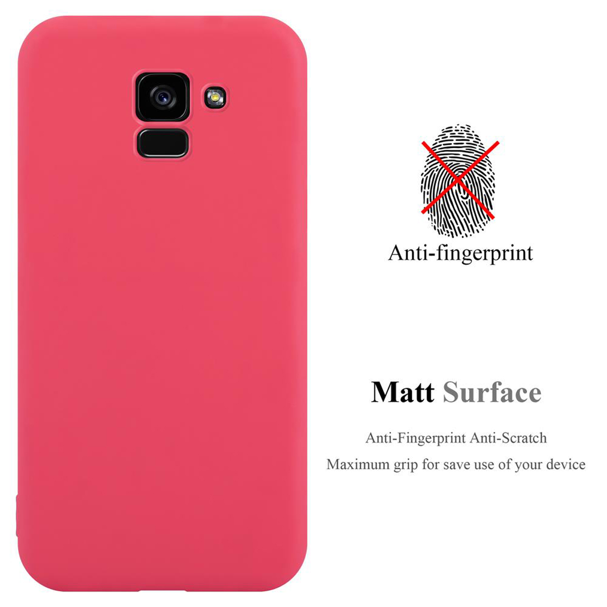 Custodia per telefono rossa con fotocamera. Testo: Anti-impronta, superficie opaca. Icona impronta con croce rossa.