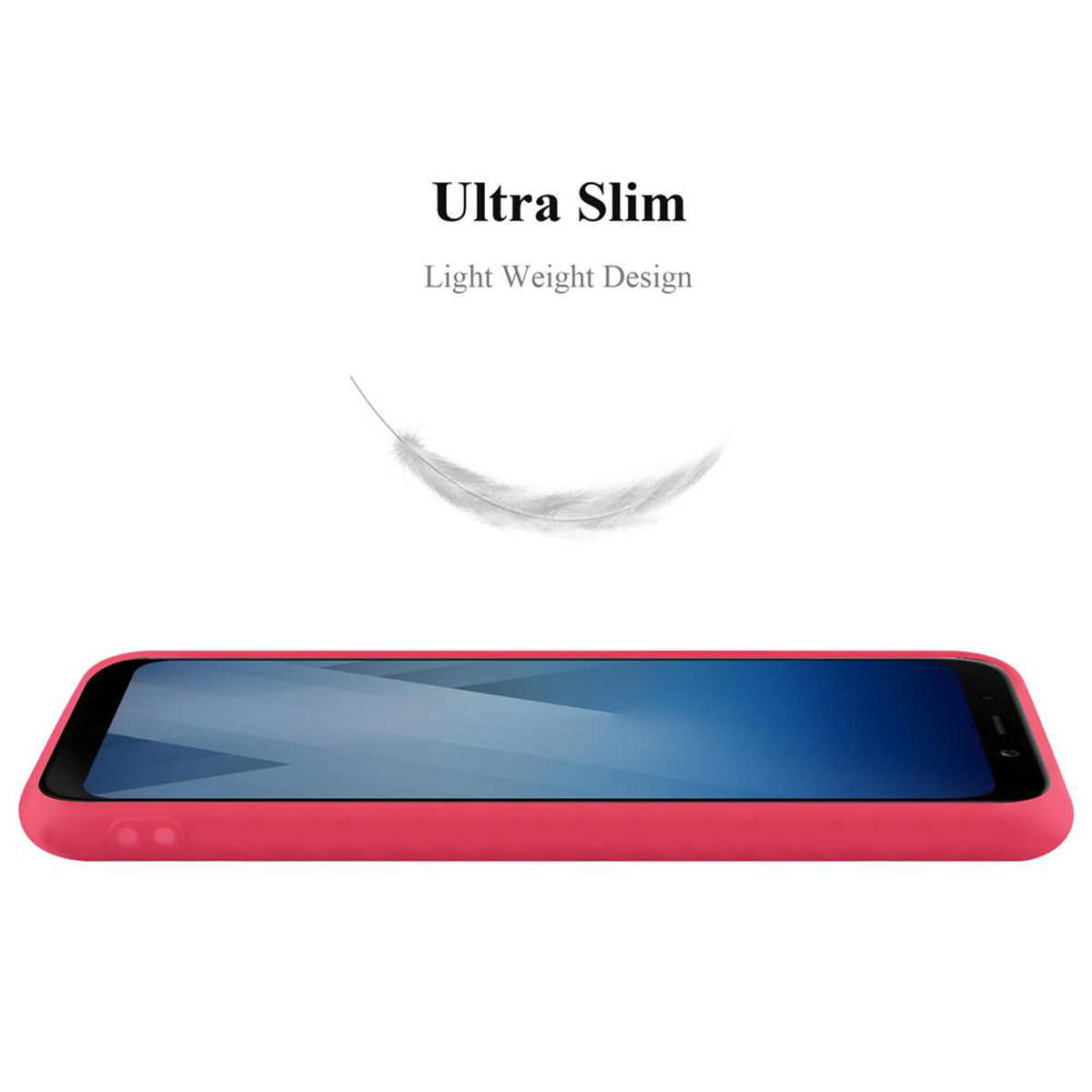 Una custodia per telefono rosa con schermo blu e testo che dice "Ultra Slim" e "Light Weight Design".