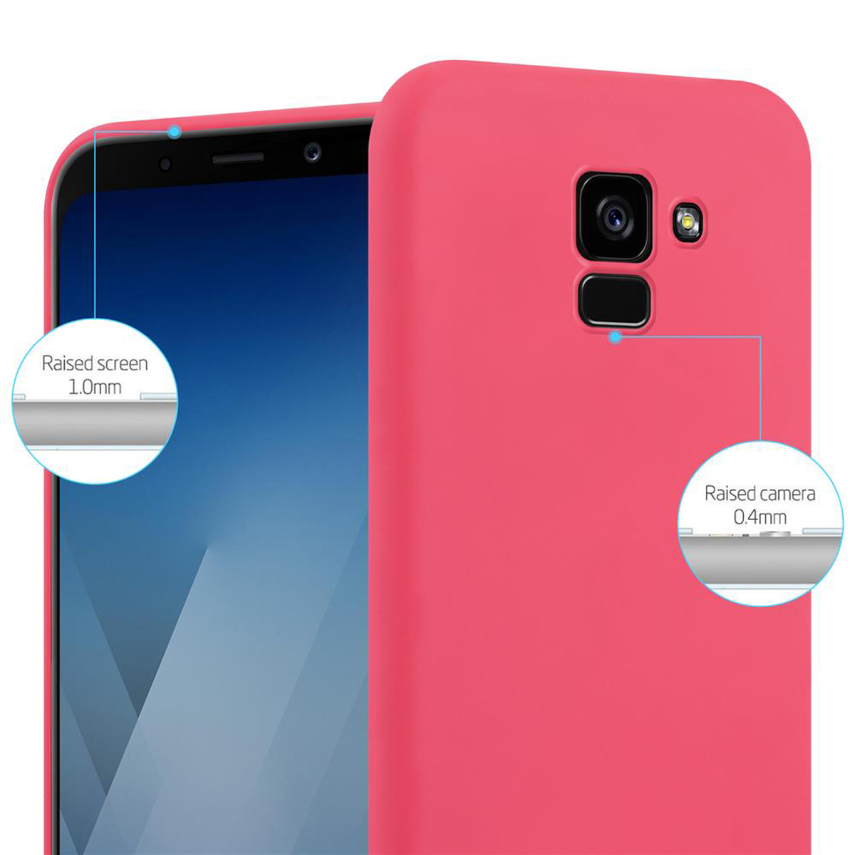 Una custodia per telefono rosa con un telefono sullo schermo. L'immagine ha il testo "Schermo rialzato 1.0mm".