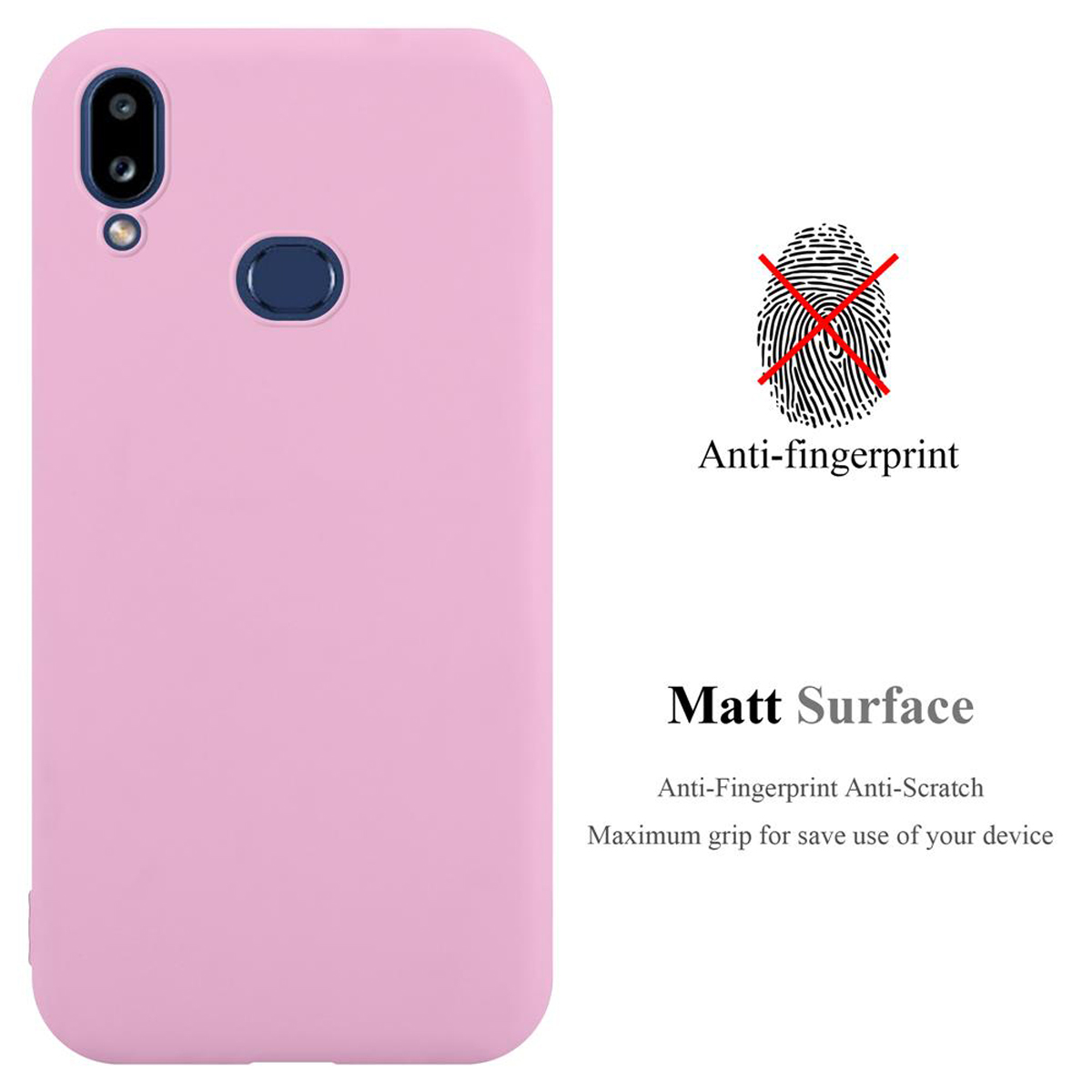 Una custodia per telefono rosa. Il testo dice "Matt Surface" e "Anti-fingerprint". Un simbolo di impronta digitale con una X rossa.