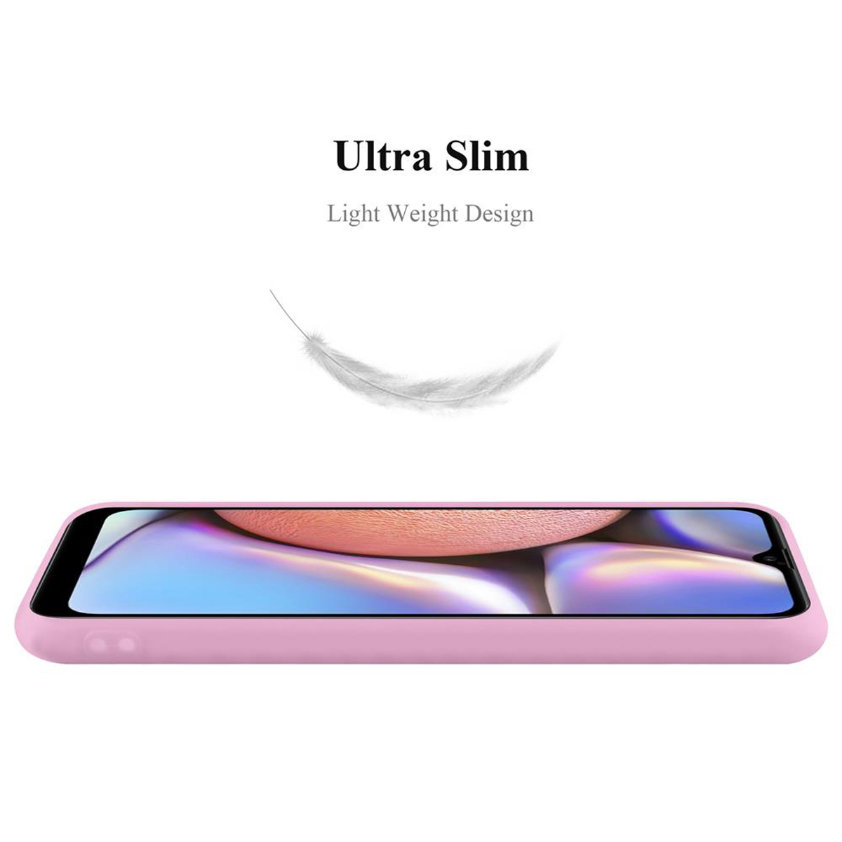 Una custodia per telefono rosa chiaro con testo e grafica di piuma su sfondo bianco.