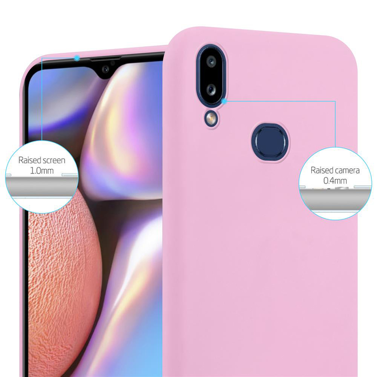Una custodia per telefono rosa con dettagli della fotocamera e dello schermo. Il testo indica 'schermo rialzato' e 'fotocamera rialzata'.