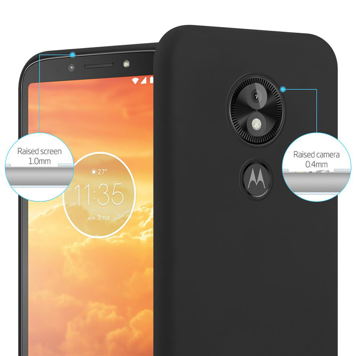 Telefono nero con misure, che mostra i dettagli di schermo e fotocamera rialzati.