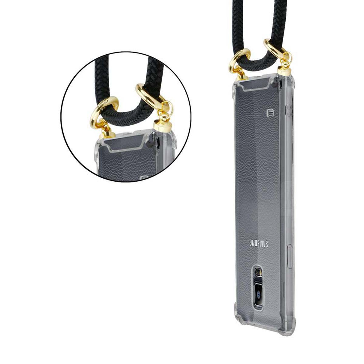 Custodia per telefono con retro trasparente e cinturino nero con anelli dorati, appesa su sfondo bianco.
