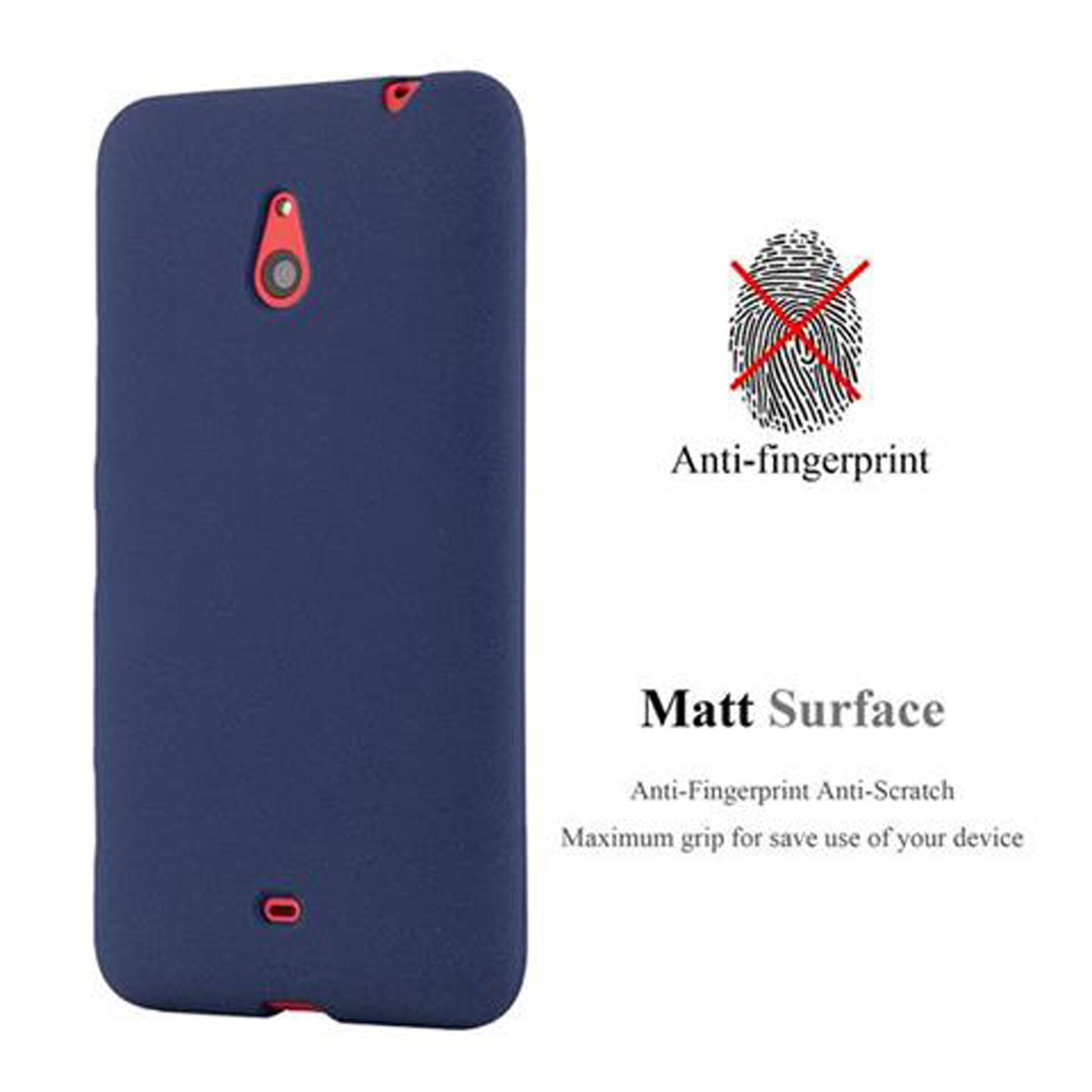 Una custodia per telefono blu scuro con fotocamera posteriore rossa e porta inferiore rossa.