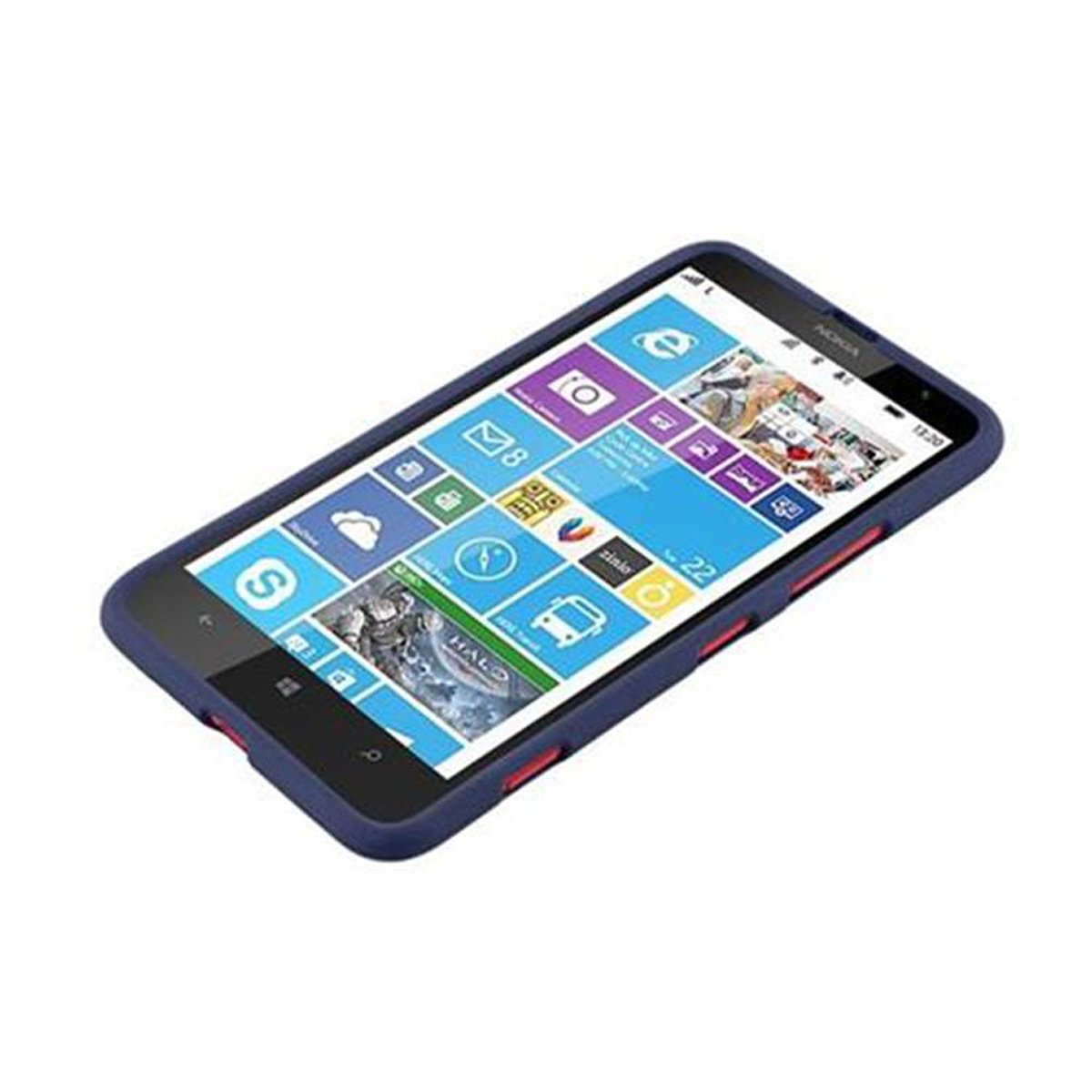 Telefono Nokia in una custodia blu con accenti rossi, che mostra una schermata colorata.