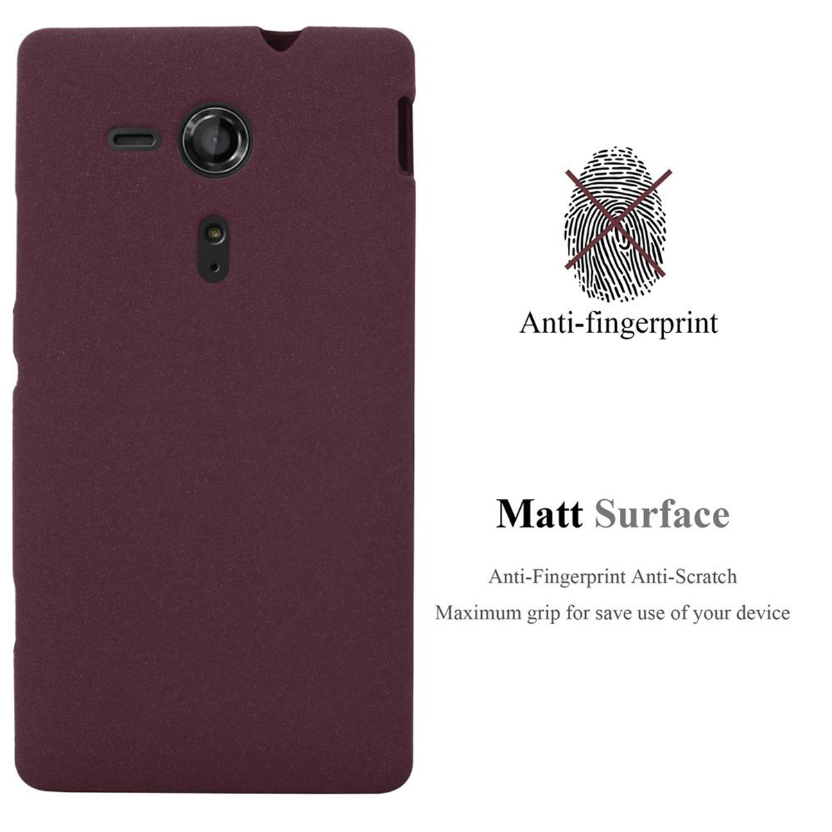 Funda de teléfono morada con texto: Anti-huellas dactilares y superficie mate. Símbolo de huella dactilar y teléfono.