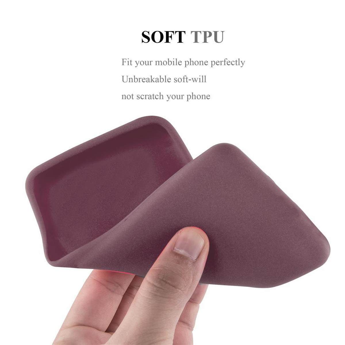 Una funda de teléfono rojo oscuro que se dobla. El texto dice: 'SOFT TPU'. El fondo es blanco.