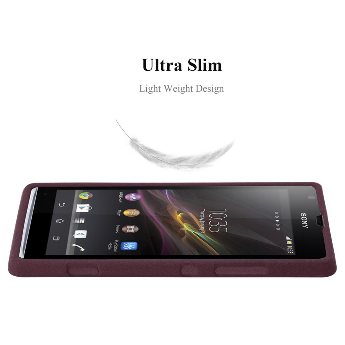Teléfono morado con funda sobre blanco. Texto: Ultra Slim, Light Weight Design. Una pluma flota sobre el teléfono.