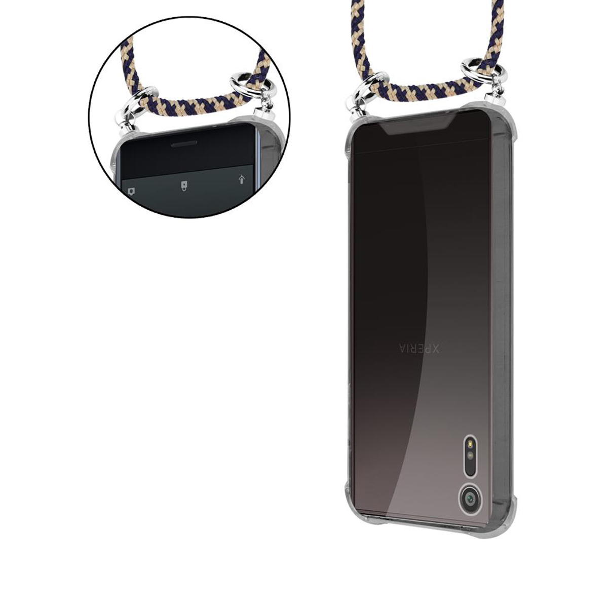 Telefono con cinturino. Il telefono è in una custodia trasparente. Primo piano dell'attacco superiore.