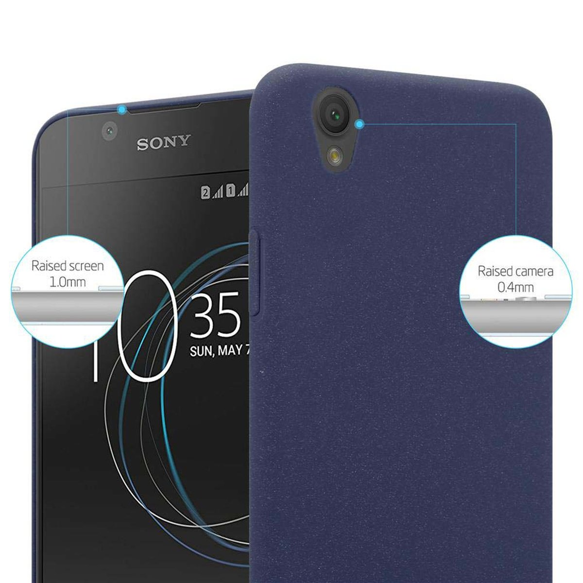 Una custodia blu per telefono con un telefono all'interno. Il testo recita Schermo rialzato 1,0 mm e Fotocamera rialzata 0,4 mm.