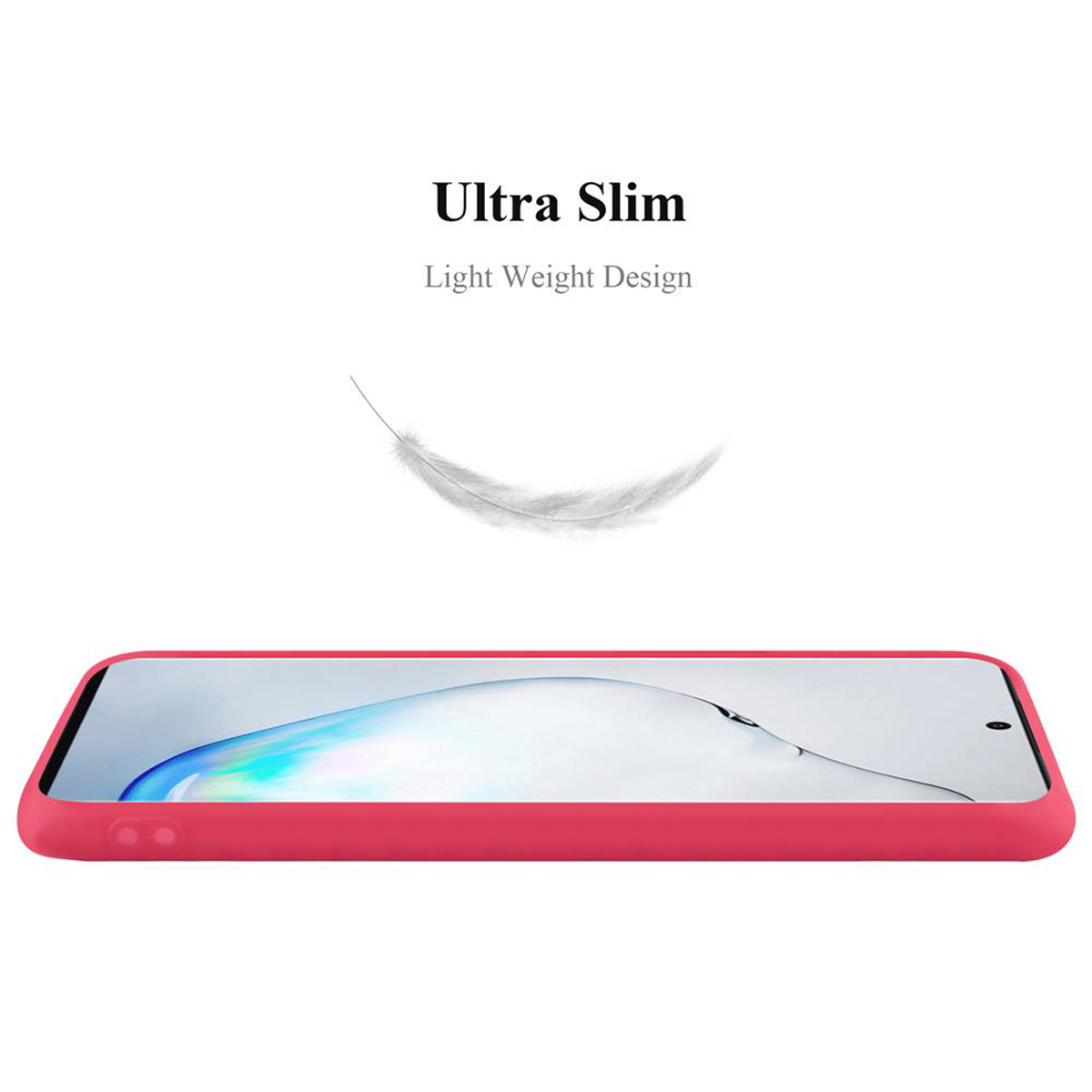 Custodia per telefono rossa. Una piuma galleggia sopra. Testo: Design ultra sottile e leggero.