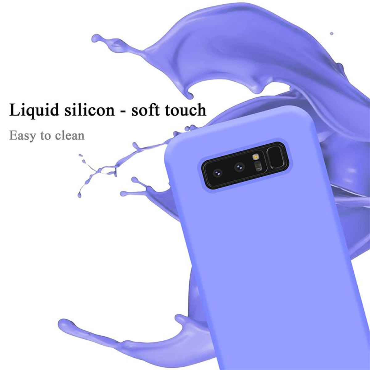 Custodia per telefono viola con schizzo di liquido. Testo: Silicone liquido - tocco morbido, Facile da pulire.