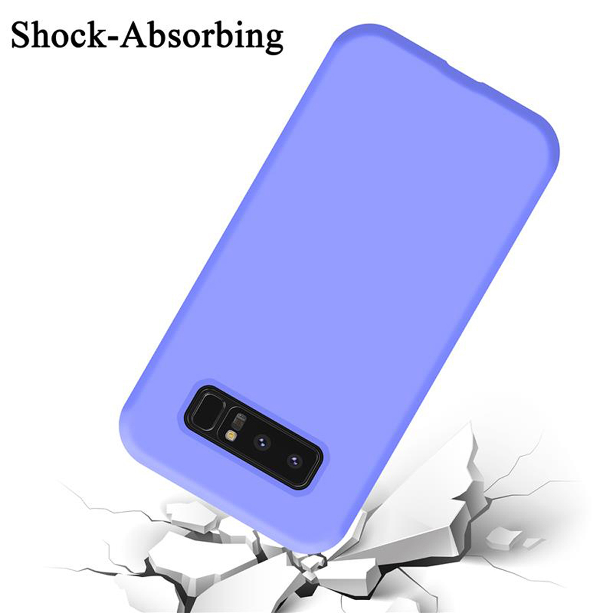 Una custodia blu per telefono appoggiata su cemento bianco rotto, con le parole 'Shock-Absorbing' sopra.