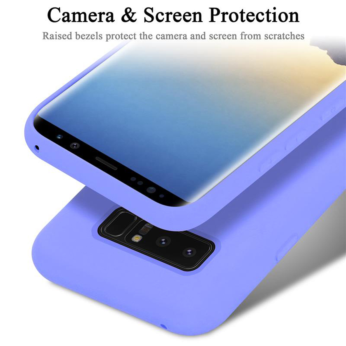Due telefoni in custodie viola, con testo: Protezione fotocamera e schermo.