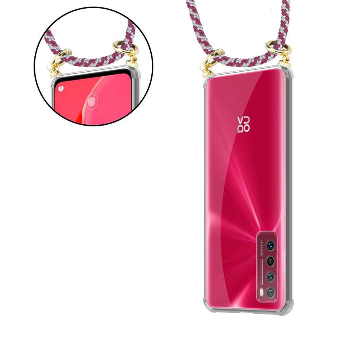 ROT mit Gold CADORABO WEIß abnehmbarer Ringen, Handy Band Hülle, Kette 7 und Kordel Backcover, 5G, NOVA Huawei,