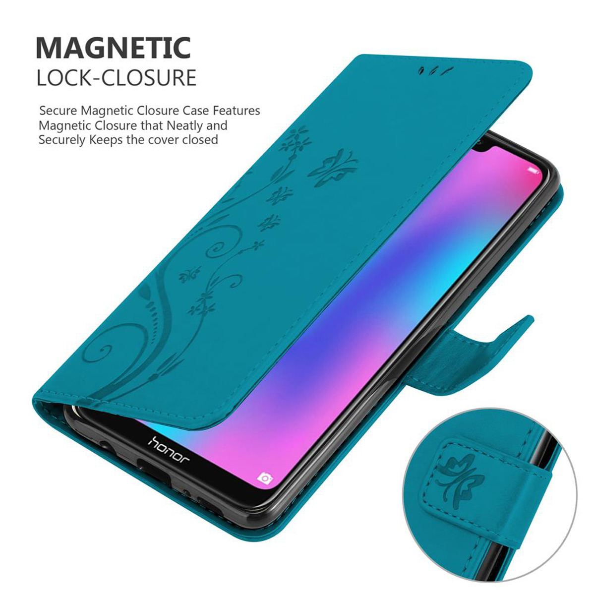 Una custodia blu per telefono con un design floreale, una chiusura magnetica e uno smartphone all'interno.