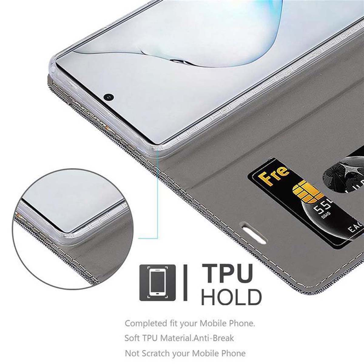 Eine Handyhülle ist geöffnet und zeigt Platz für Karten und ein Telefon. Es gibt eine Karte und ein Telefon darin.
