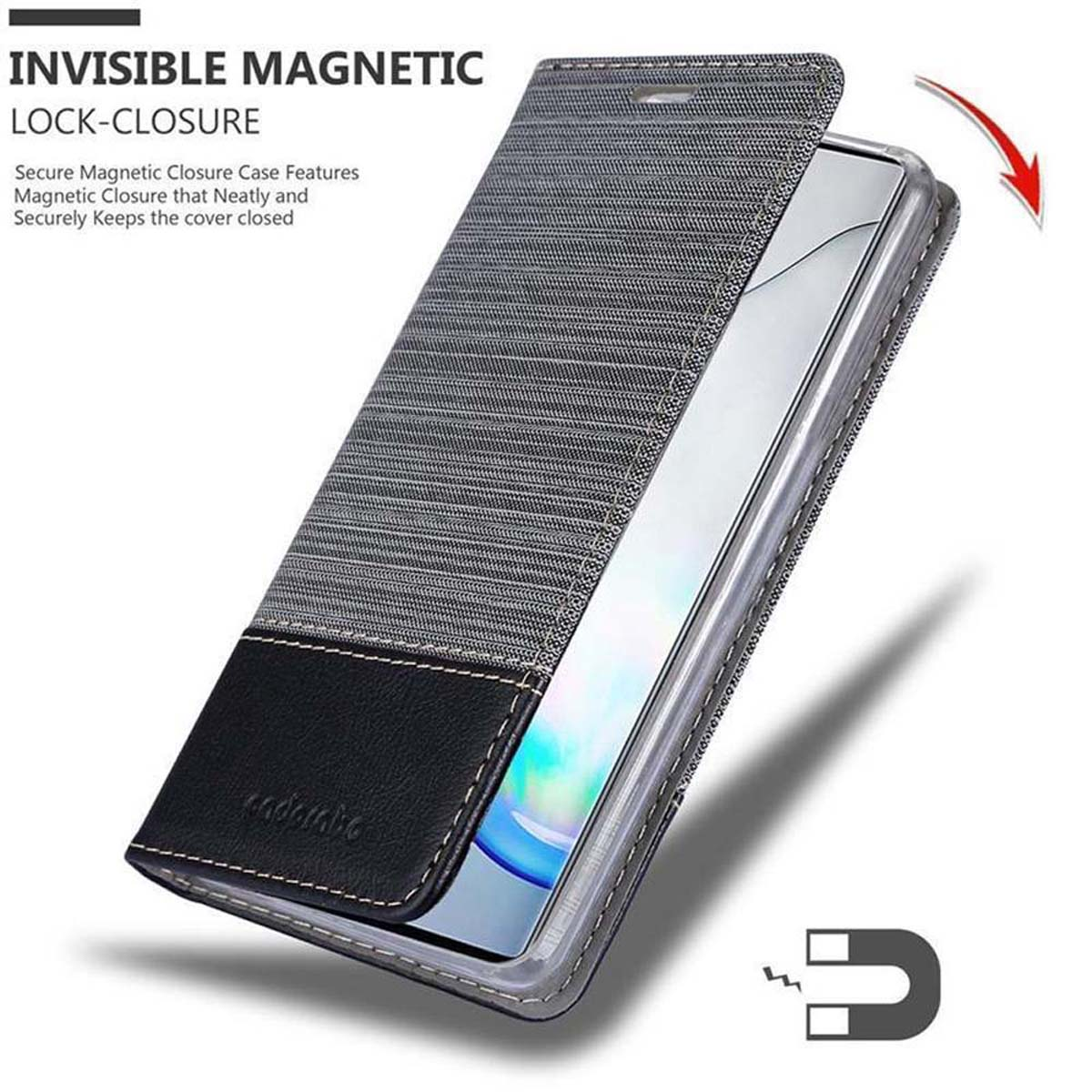 Handyhülle mit Stoffklappe. Die Hülle ist offen. Ein Magnet wird gezeigt.