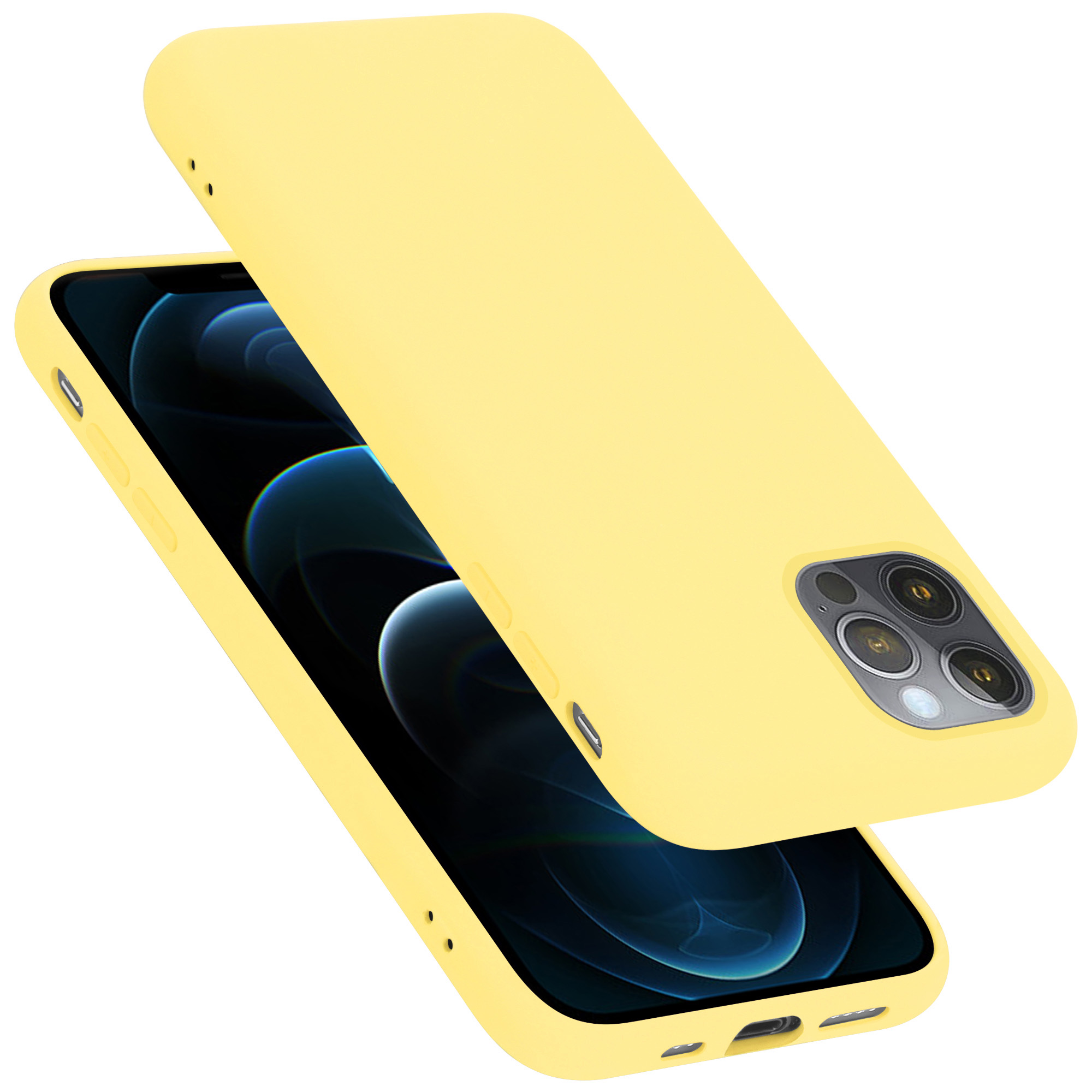 Ein gelbes Telefon in einer Hülle. Das Telefon ist leicht angewinkelt, und die Hülle ist offen.