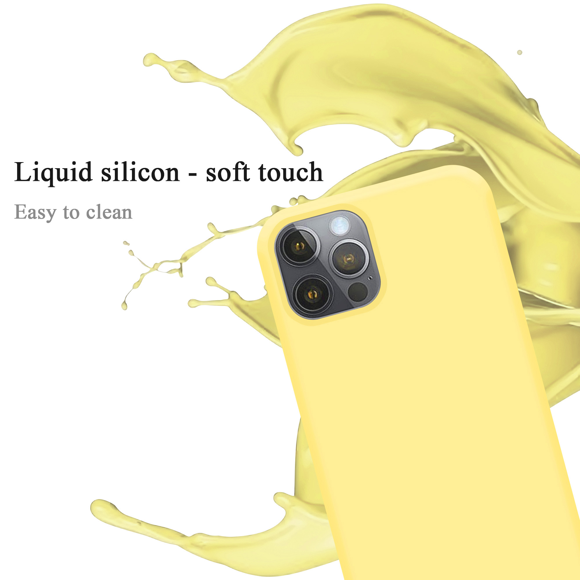 Gelbe Handyhülle mit Flüssigsilikon, Soft-Touch, leicht zu reinigen, mit Telefon.
