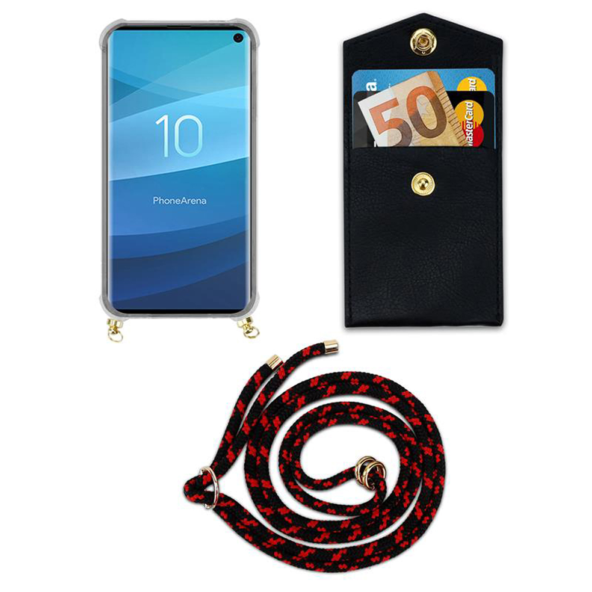 Un telefono in una custodia con un cordino. C'è un porta carte con carte e denaro.
