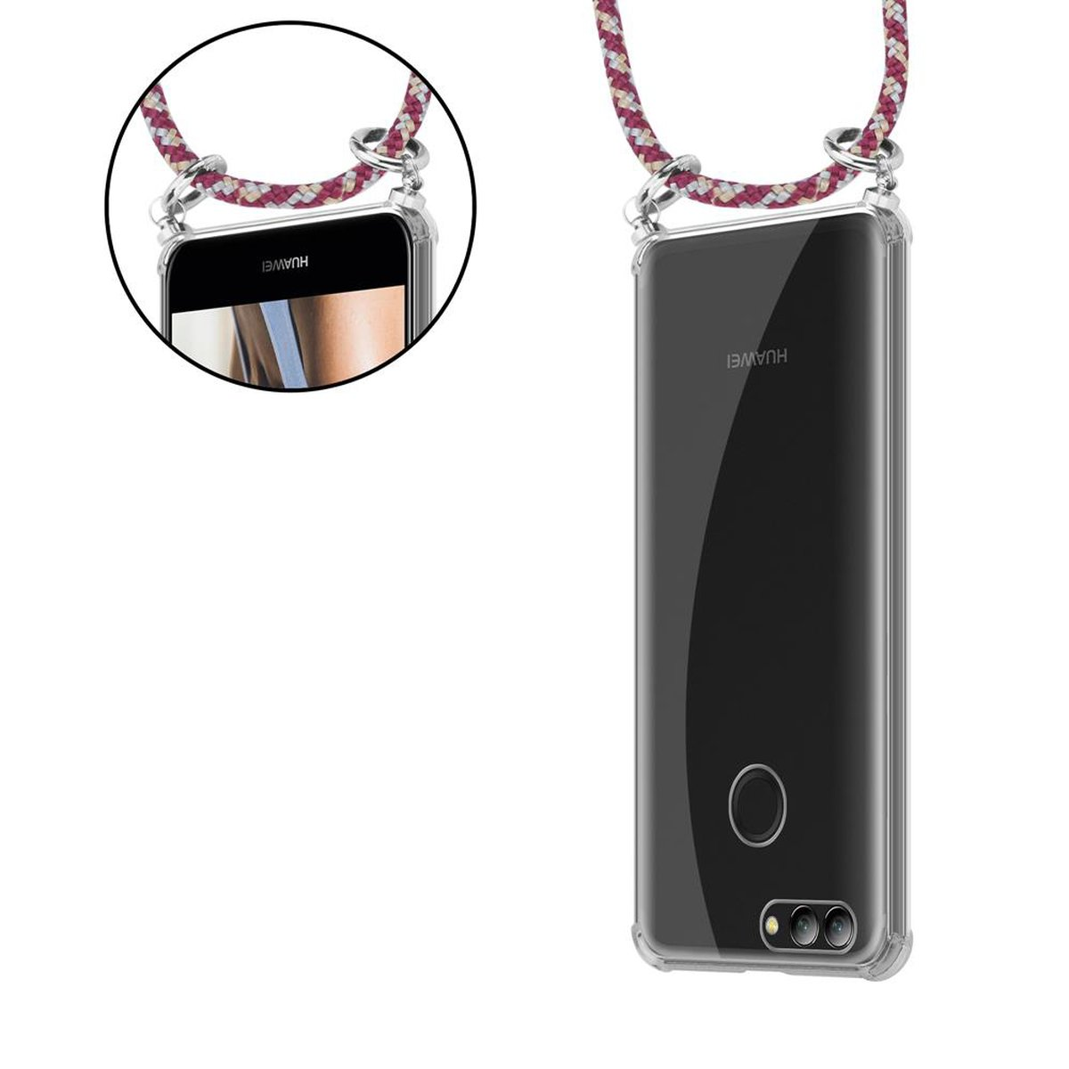NOVA abnehmbarer Handy GELB WEIß Kordel Huawei, Hülle, mit Kette und Ringen, Silber 2, CADORABO Band ROT Backcover,