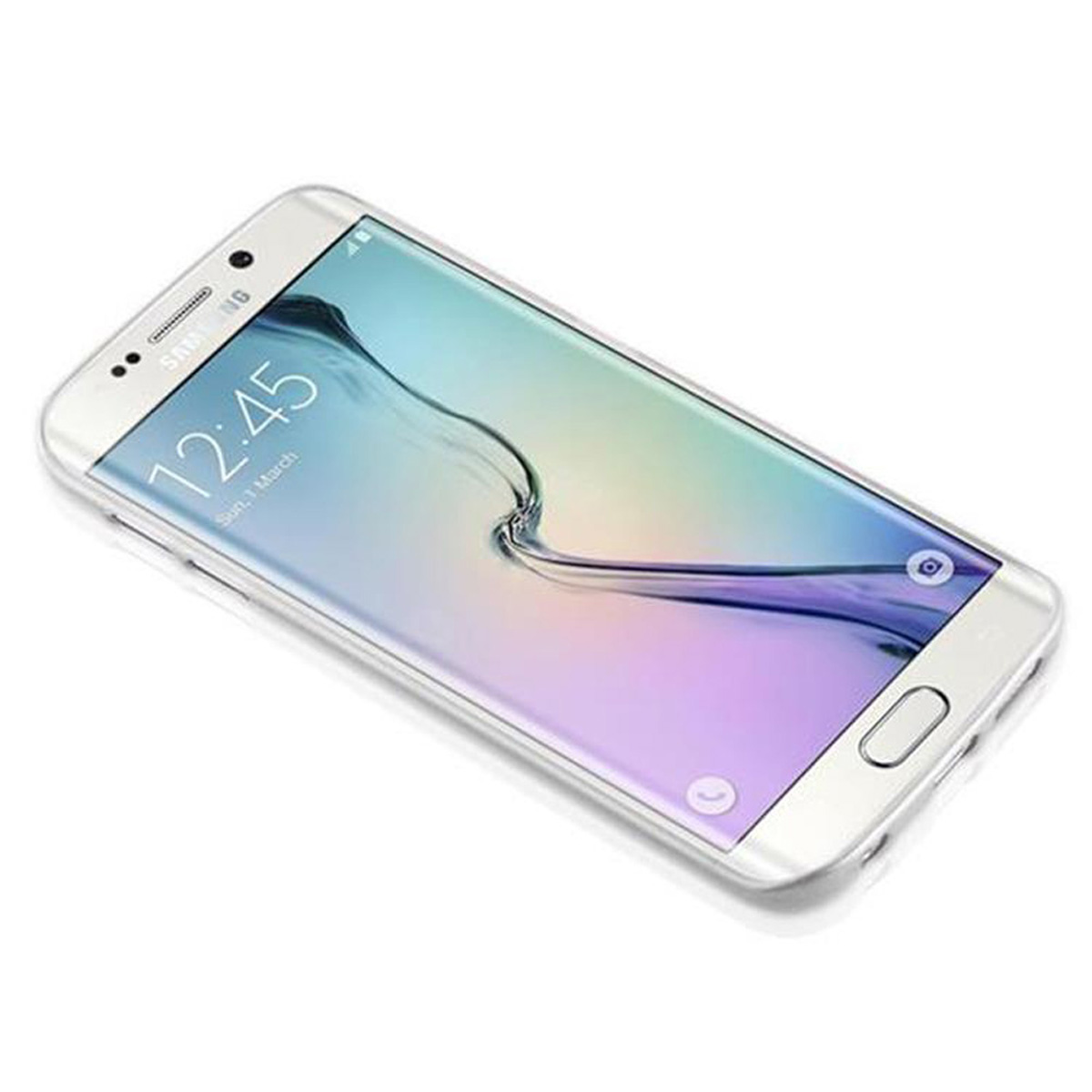 Weißes Telefon auf weißer Oberfläche. Der Bildschirm zeigt die Uhrzeit, das Telefon ist leicht geneigt.