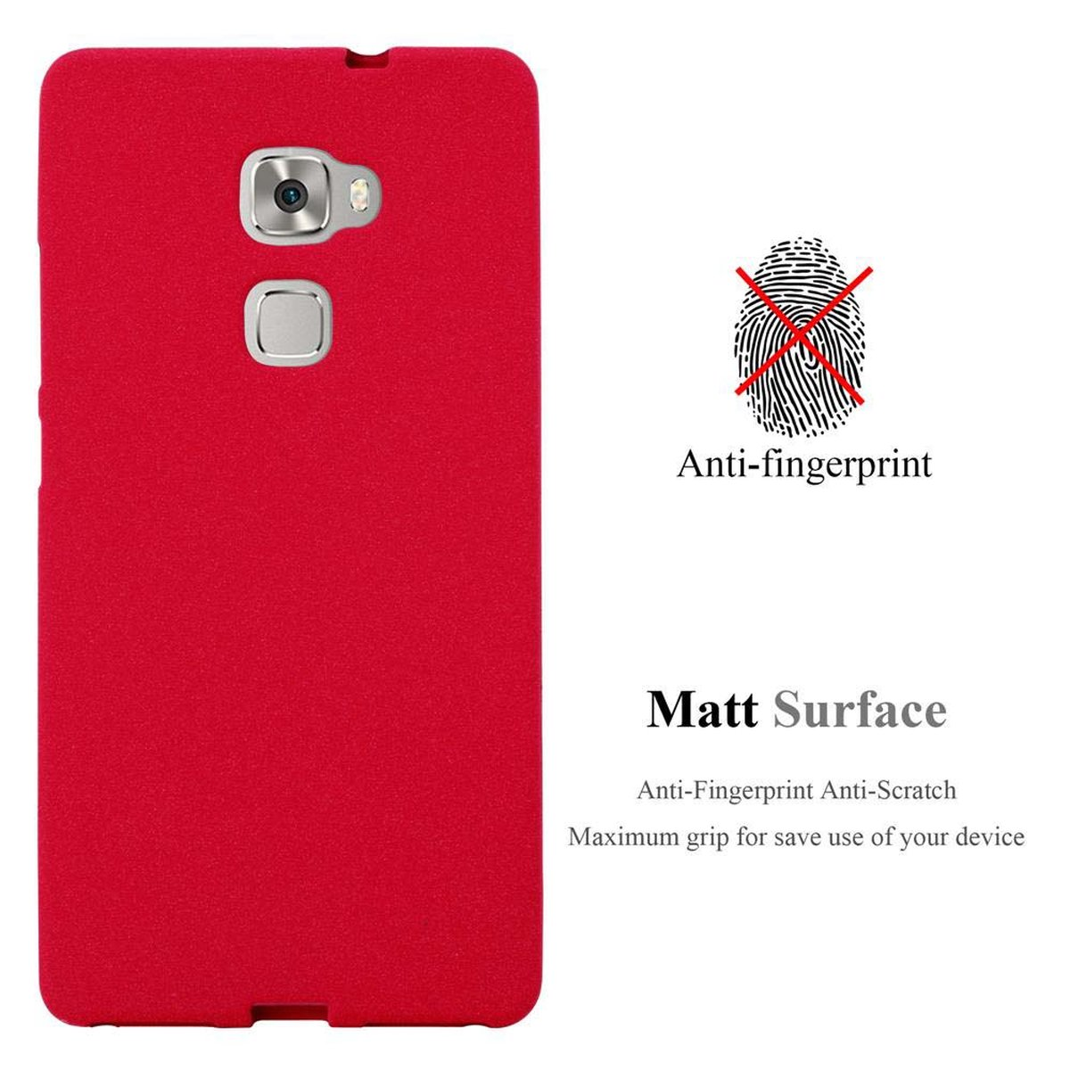 Rote Handyhülle. Anti-Fingerabdruck. Matte Oberfläche. Text: 'Matt Surface' und 'Anti-Fingerabdruck'.