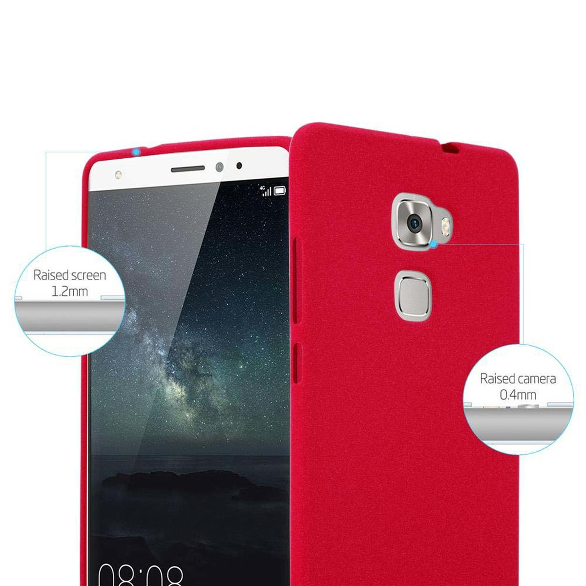 Ein rotes Telefon mit roter Hülle. Das Gehäusedesign erhöht Bildschirm und Kamera.