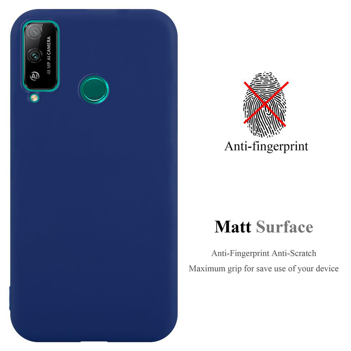 Una custodia blu scuro per telefono con un simbolo di impronta digitale sbarrato, con le parole 'Anti-impronta'.