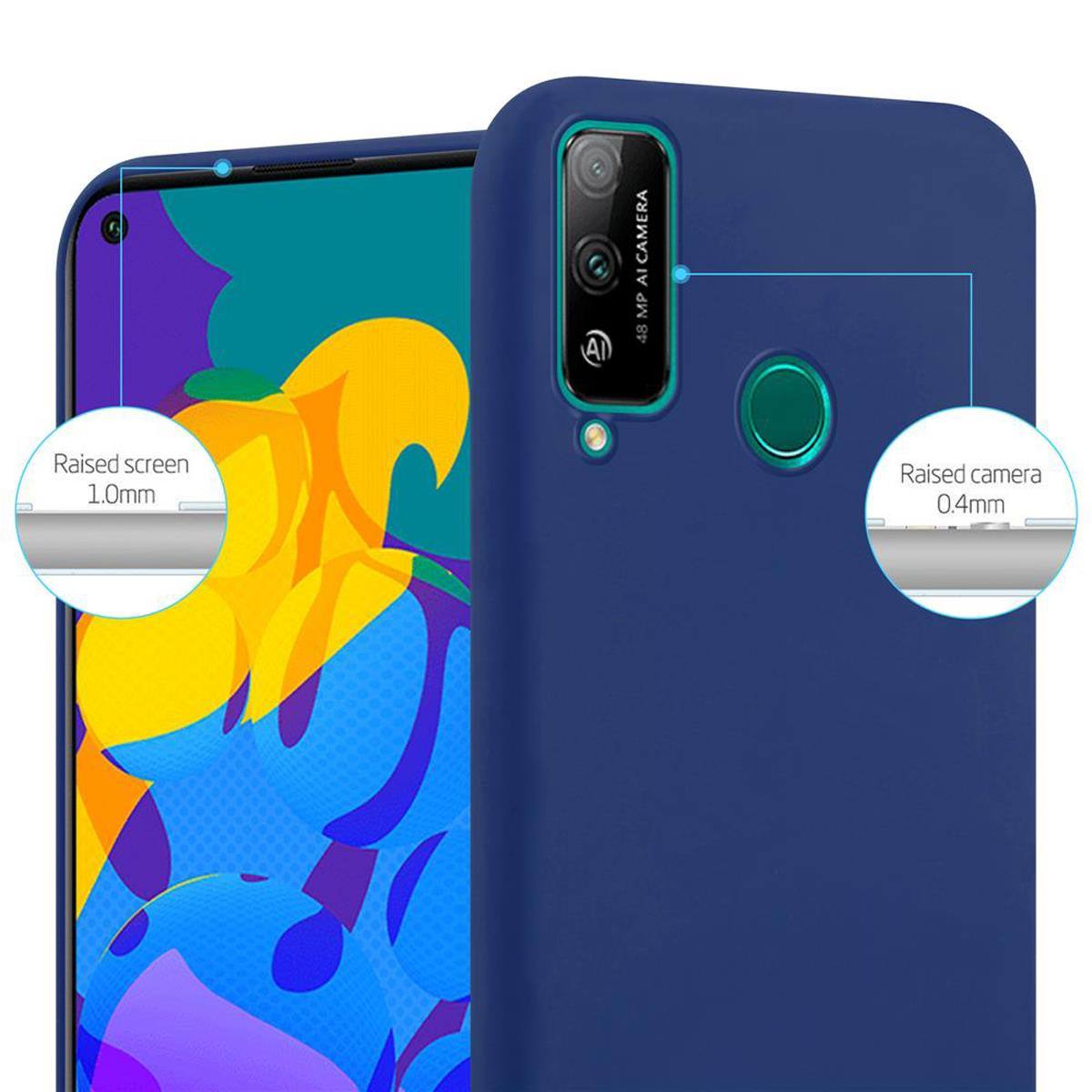 Custodia blu per telefono con testo. Il testo mostra la protezione della fotocamera e dello schermo con misure.