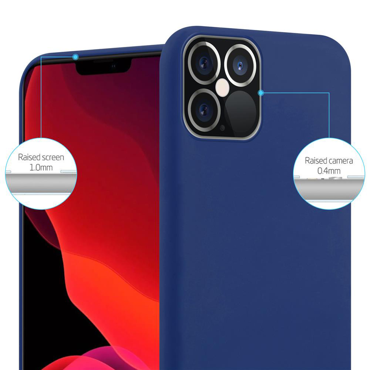 Custodia blu per telefono con protezione dello schermo e della fotocamera rialzate. Il testo mostra le misure.