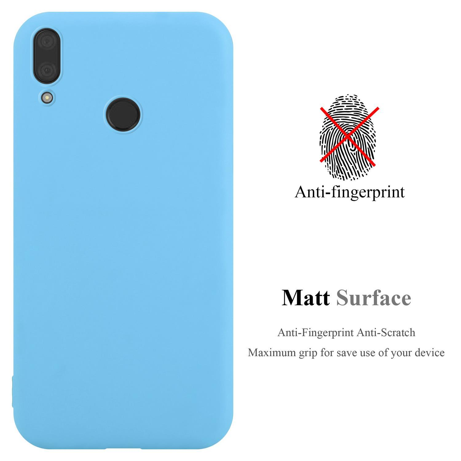 Custodia per telefono blu con testo su anti-impronte e superficie opaca. Sfondo bianco.
