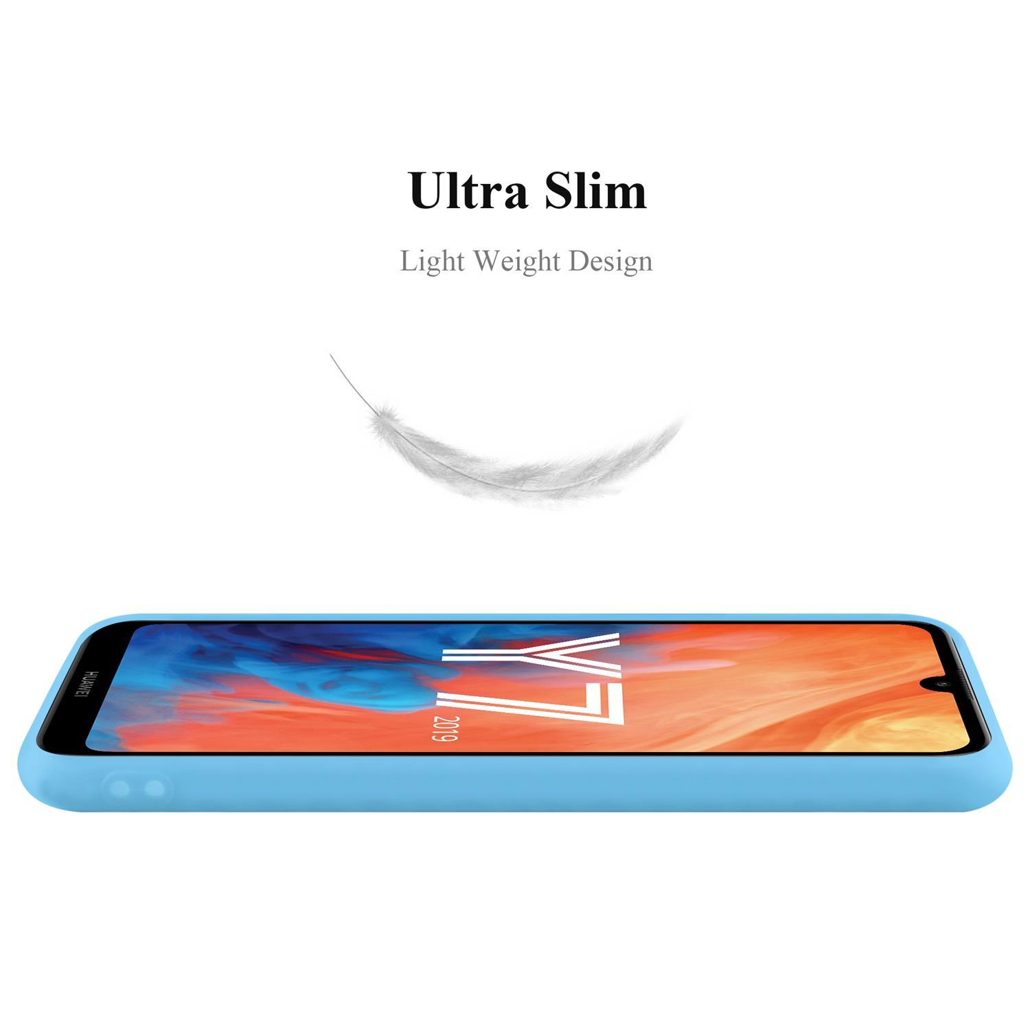 Una custodia per telefono azzurra su sfondo bianco. Il testo dice 'Ultra Slim'. Viene mostrata una grafica di piume.