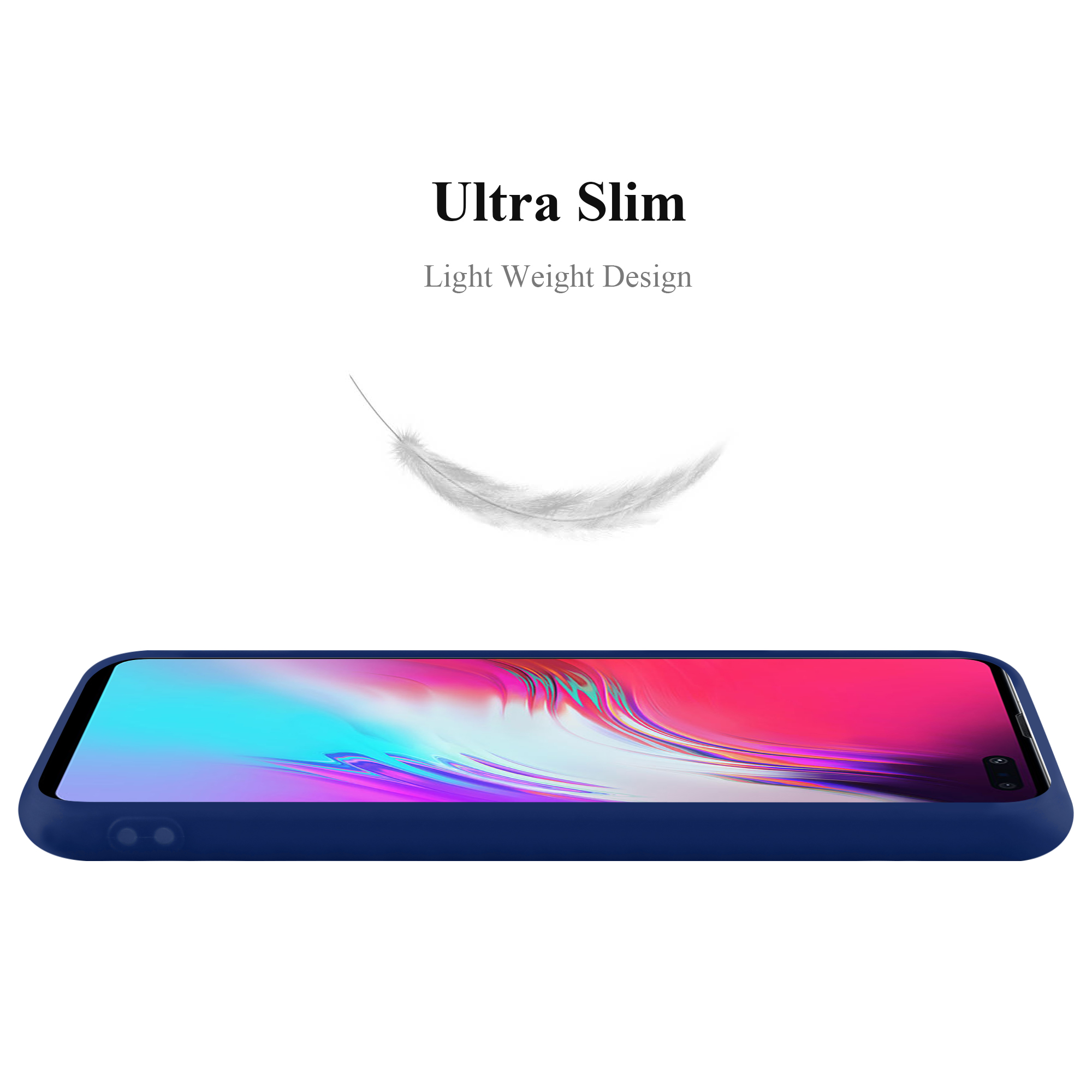 Eine blaue Handyhülle auf weißem Hintergrund mit dem Text 'Ultra Slim' und einer Federgrafik.