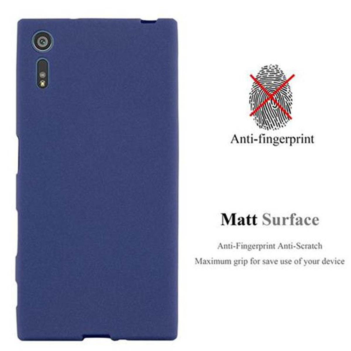Una custodia blu per telefono con testo e grafica delle impronte digitali su sfondo bianco. Dice anti-impronte.
