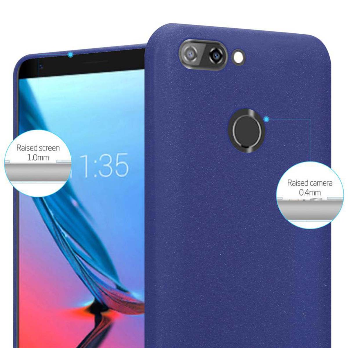 Custodia blu, con dettagli di protezione dello schermo e della fotocamera rialzati.
