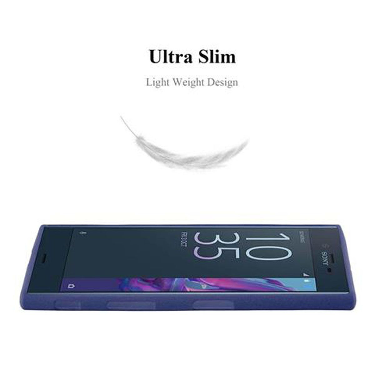 Una sottile custodia blu per telefono con un telefono all'interno. Una piuma sullo sfondo. Le parole 'Ultra Slim' sono visibili.