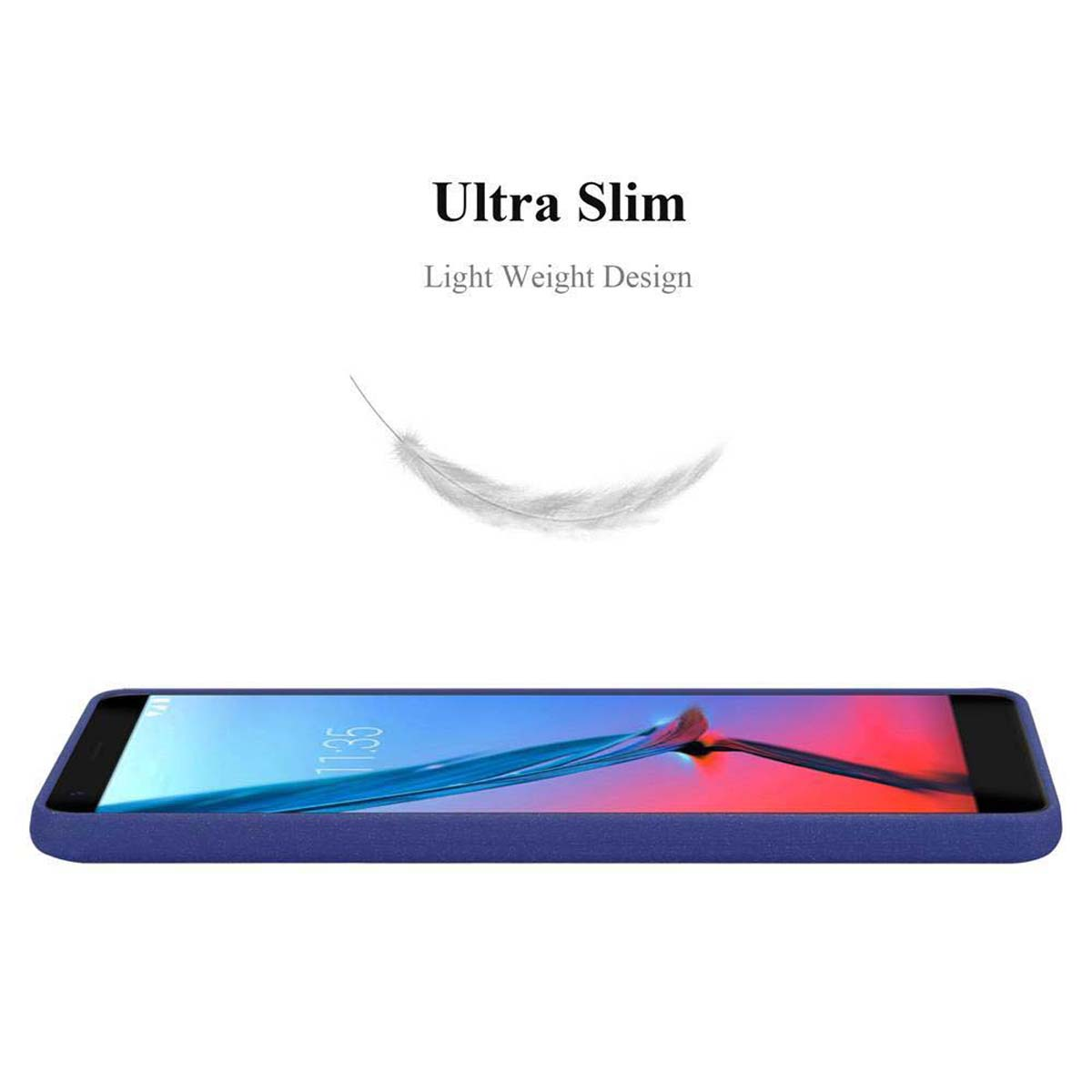 Una custodia per telefono blu vista di lato. Il testo in alto dice 'Ultra Slim' e 'Design leggero'.
