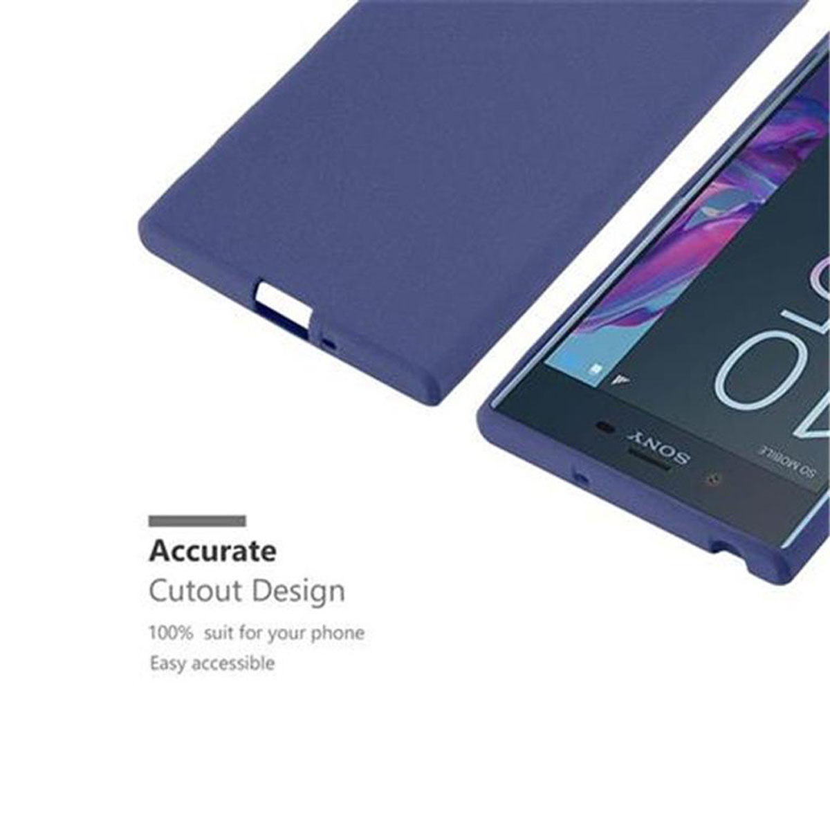 Custodia blu per telefono con un telefono. Testo 'Accurate Cutout Design' e specifiche sul telefono.