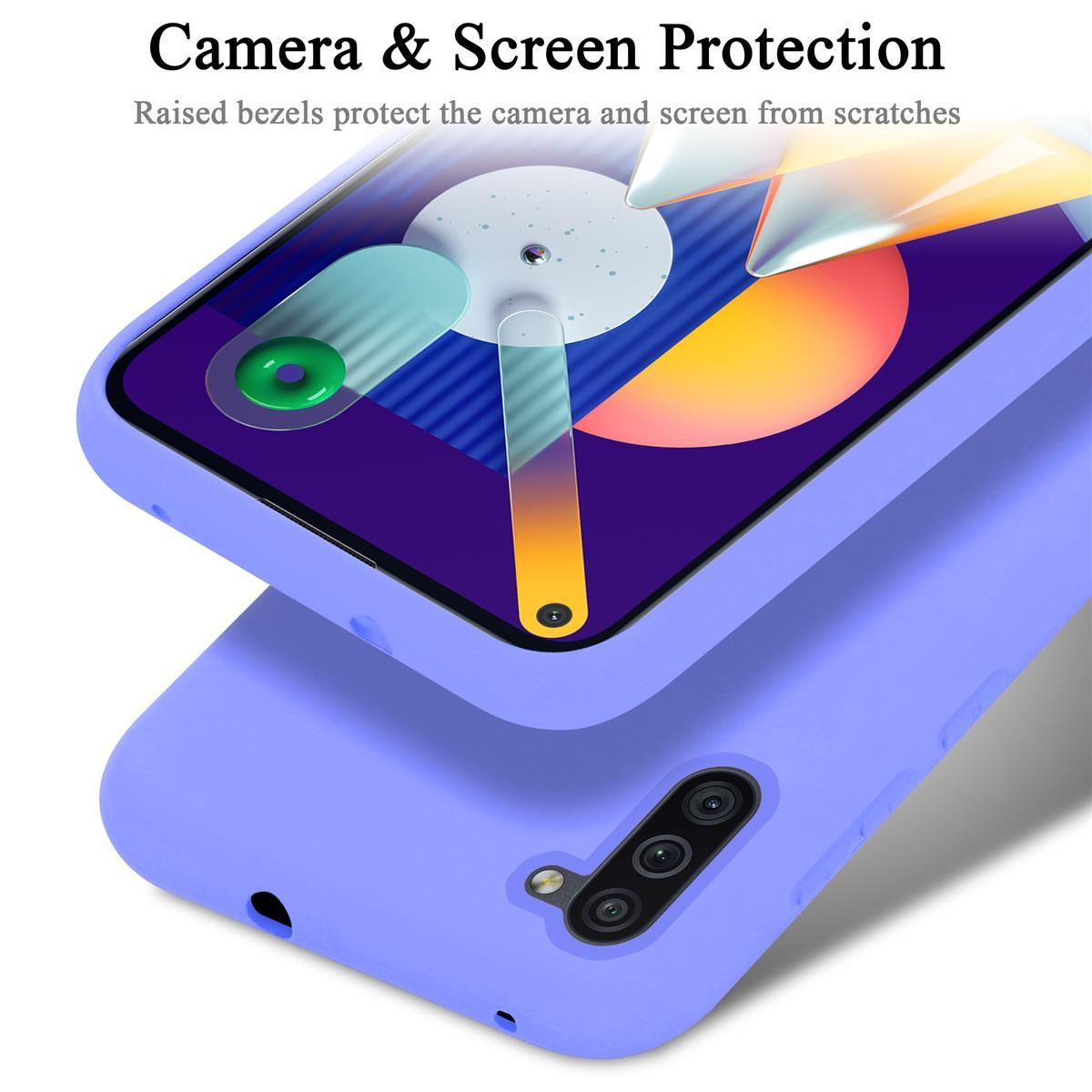 Custodia per telefono viola sopra un'altra. La custodia ha uno schermo protettivo. Testo: Protezione fotocamera e schermo.