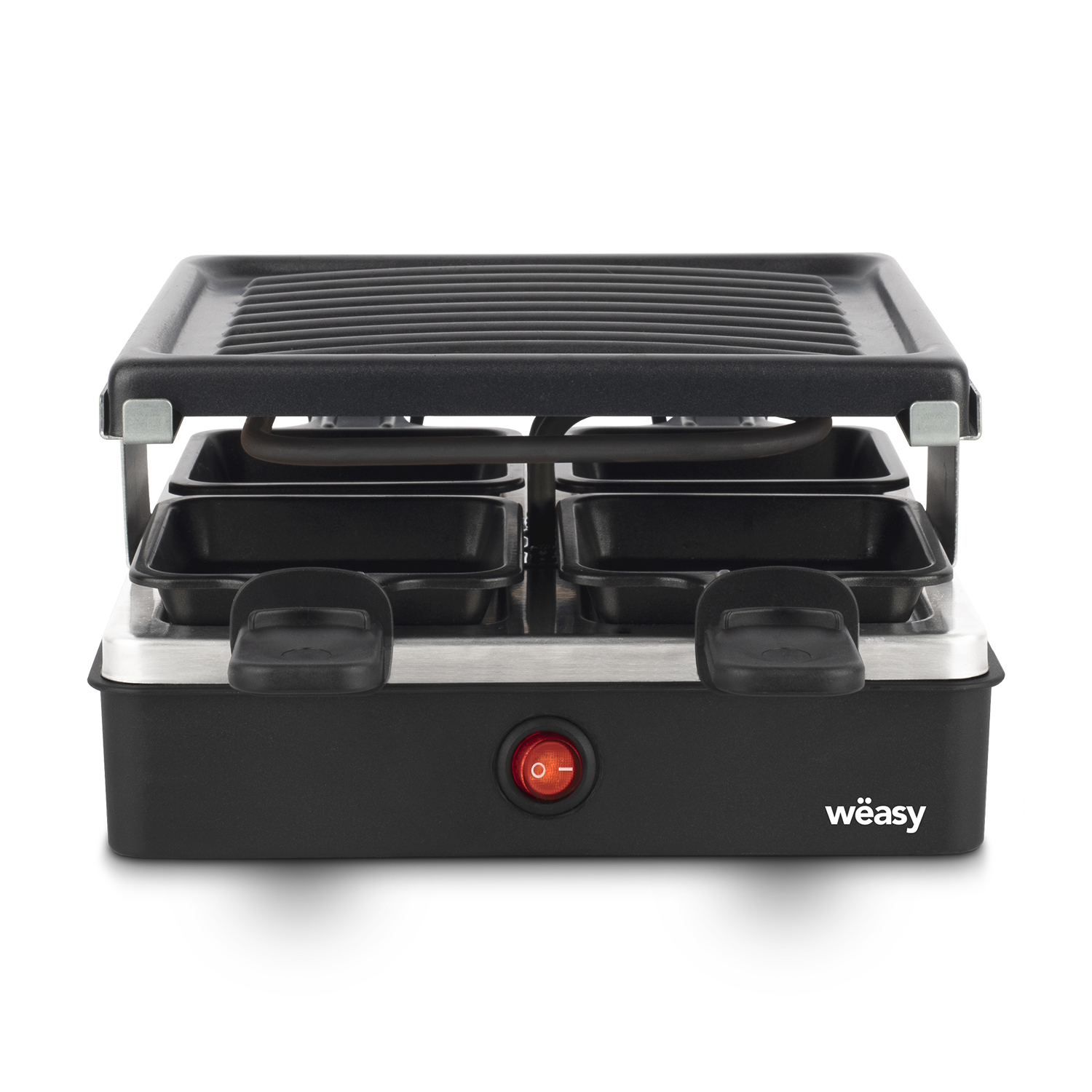 Ein schwarzer elektrischer Grill mit zwei Fächern. Der Grill hat einen roten Ein-/Ausschalter.