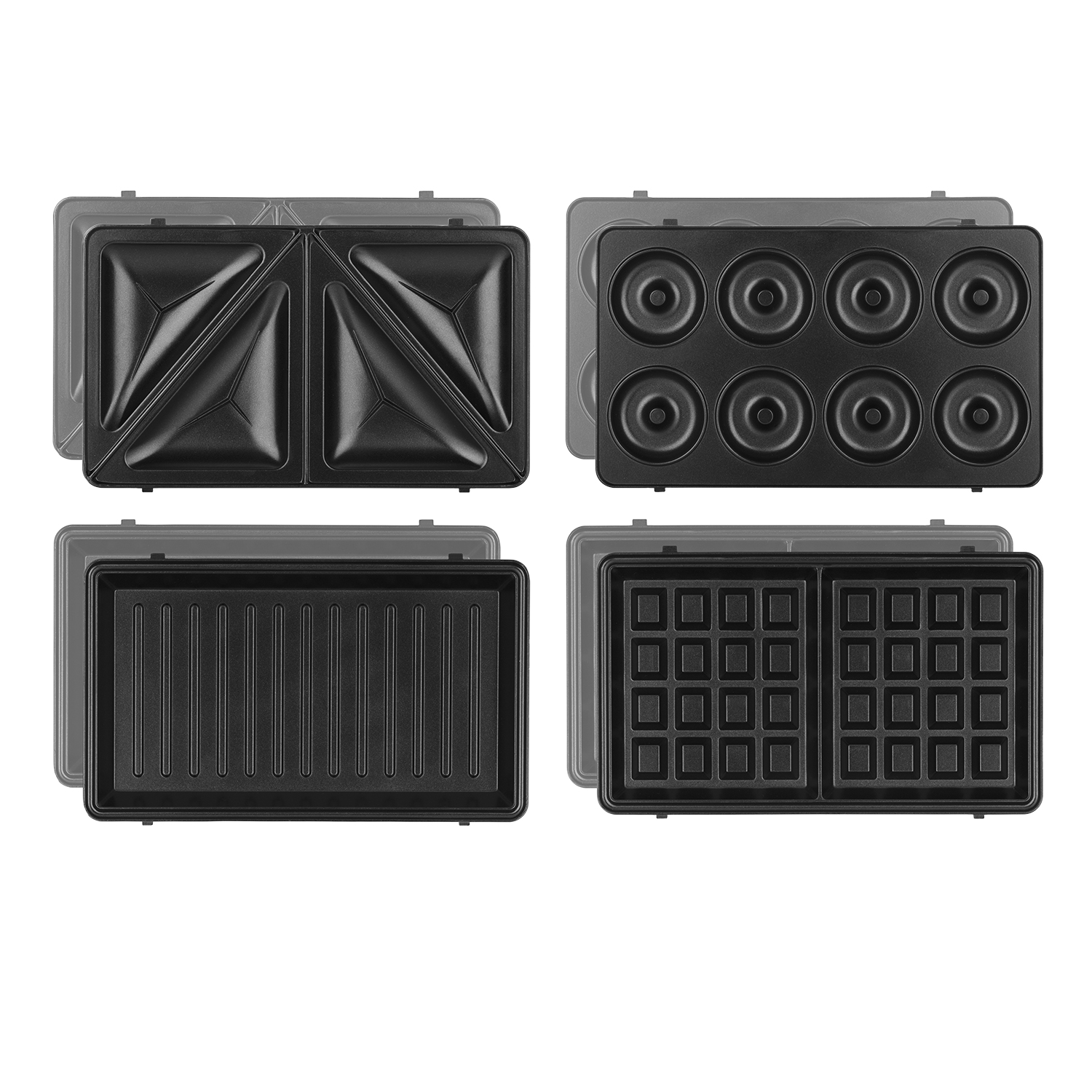 Cuatro planchas negras para gofres: formas de sándwich, donut, panqueque y gofre.