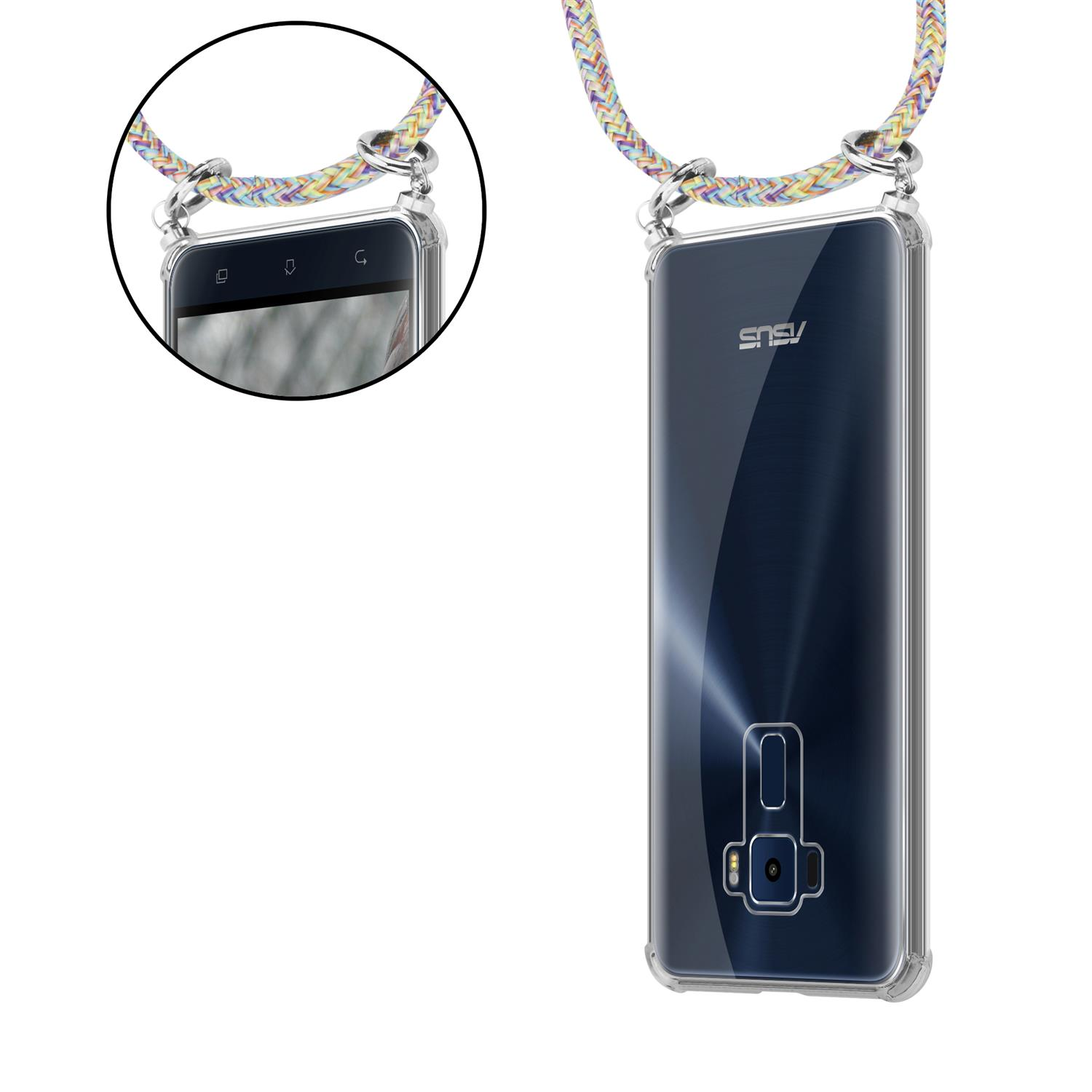 Telefon mit Umhängeband. Klare Hülle mit mehrfarbigem Band.